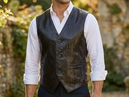 Genuine Python Snakeskin Leather Vest: Black Waistcoat