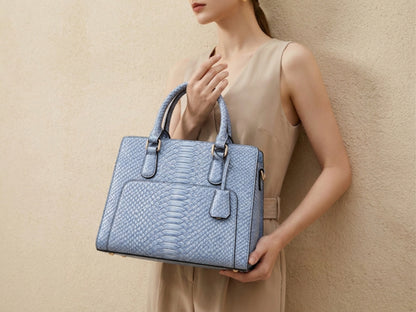 Light Blue Python Snakeskin Leather Satchel Tote