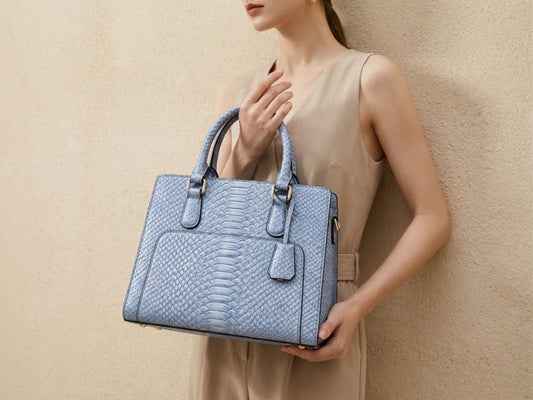 Light Blue Python Snakeskin Leather Satchel Tote
