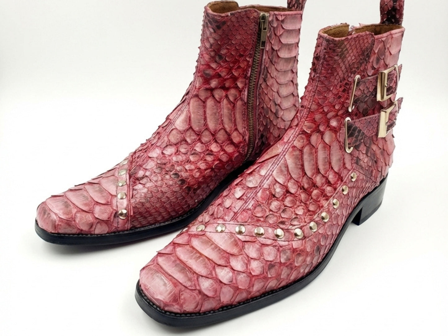 Genuine Python Snakeskin Boots | Unisex Exotic Leather Ankle Boots with Buckle & Stud Design