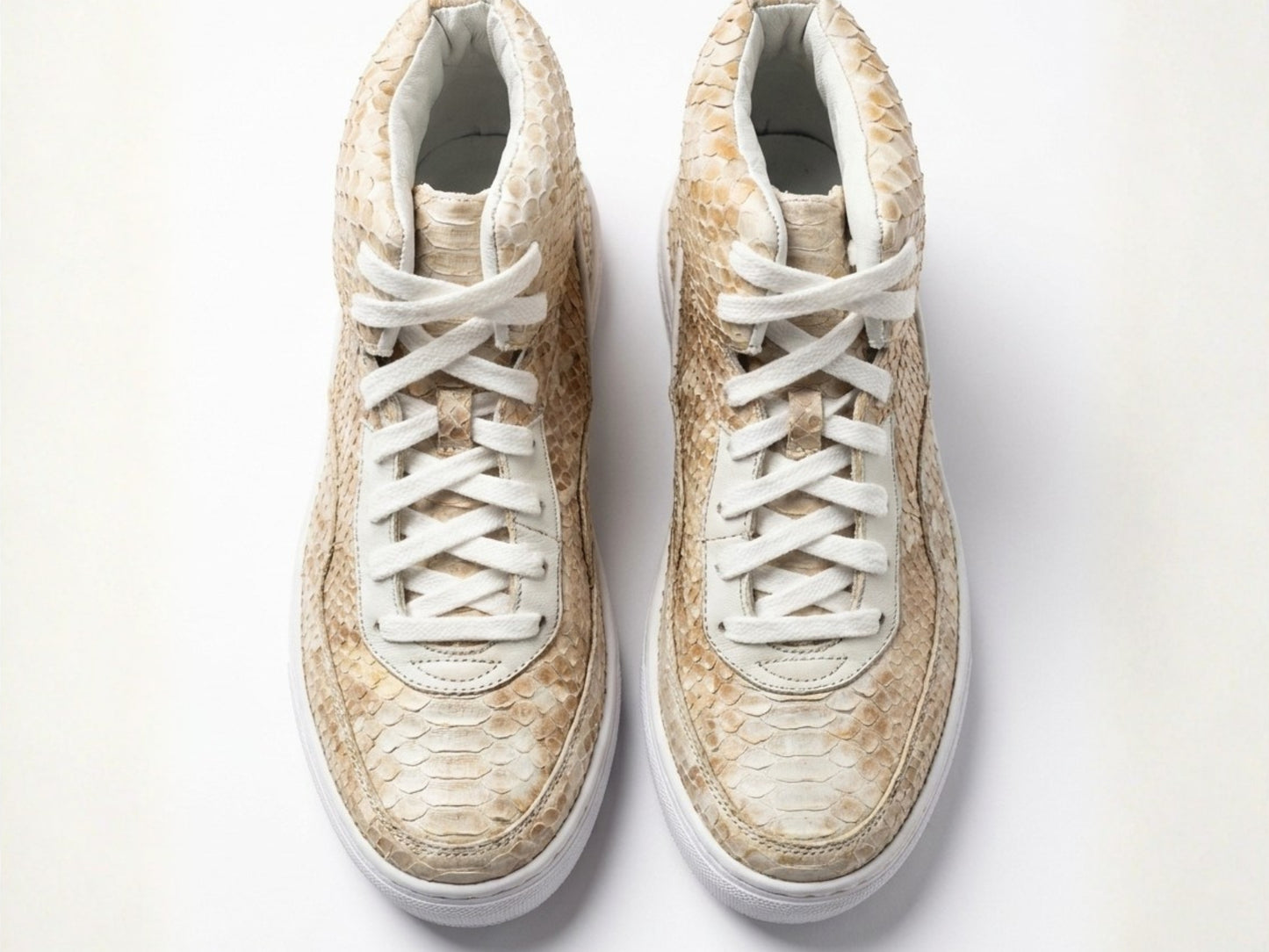 Beige Python Snakeskin Leather High-Top Sneakers