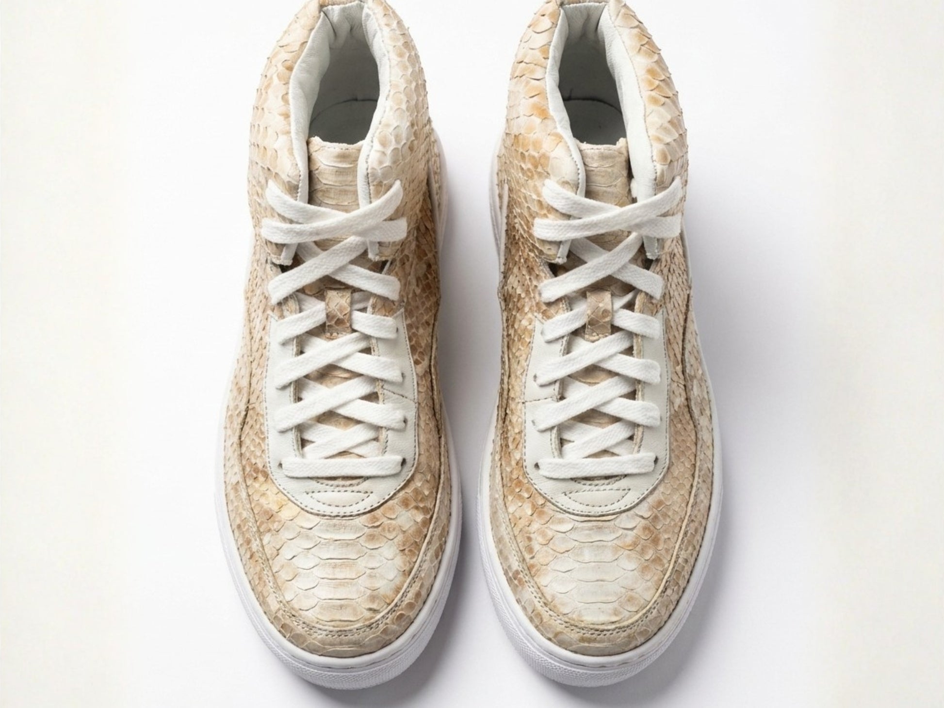 Beige Python Snakeskin Leather High-Top Sneakers