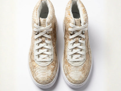 Beige Python Snakeskin Leather High-Top Sneakers