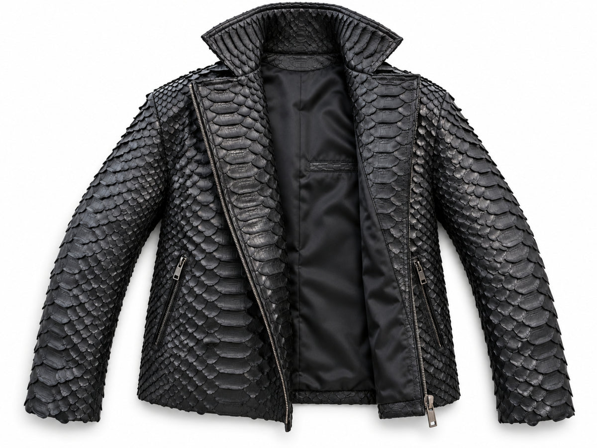 Genuine Python Snakeskin Motorcycle Jacket | Black King Scales