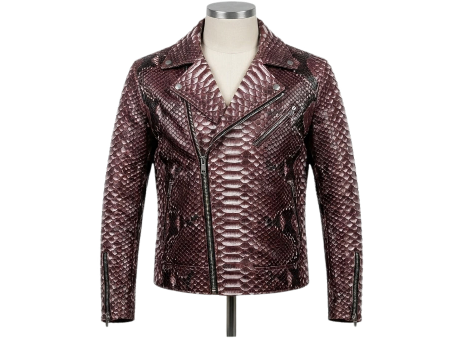 Genuine Python Snakeskin Leather Biker Jacket: Gradient Burgundy Exotic Motorcycle Jacket