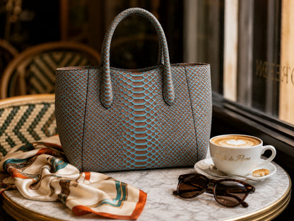 Aqua Brown Python Snakeskin Tote Leather Bag
