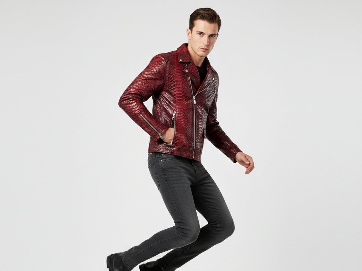 Genuine Python Snakeskin Leather Biker Jacket: Red Exotic Motorcycle Jacket