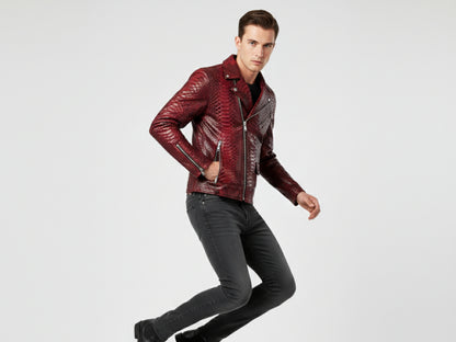 Genuine Python Snakeskin Leather Biker Jacket: Red Exotic Motorcycle Jacket