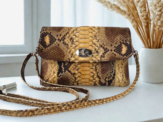 Snakeskin Leather Bag Back Waist Strap - brown color on white table at office