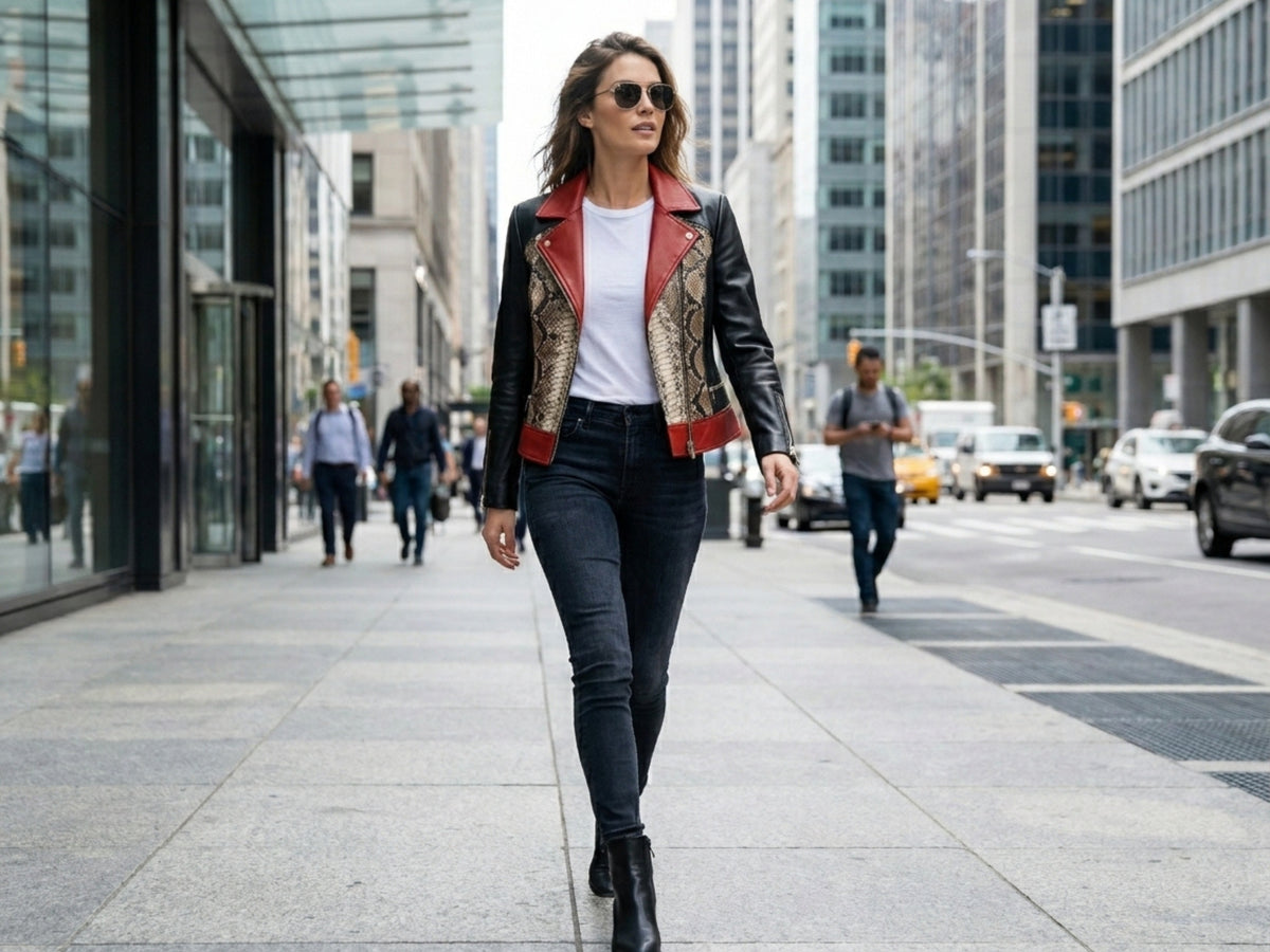 Genuine Python Snakeskin Lambskin Biker Leather Jacket: Red Accents