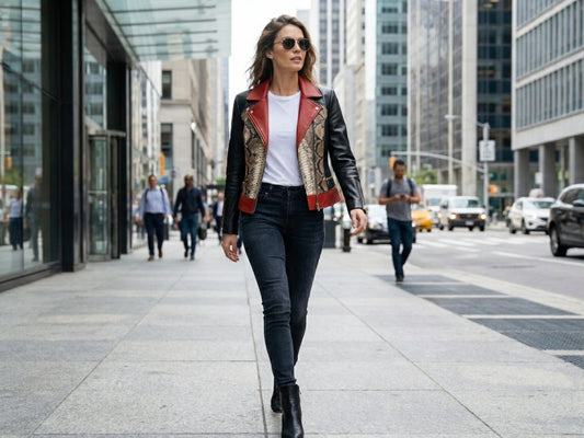 Genuine Python Snakeskin Lambskin Biker Leather Jacket: Red Accents
