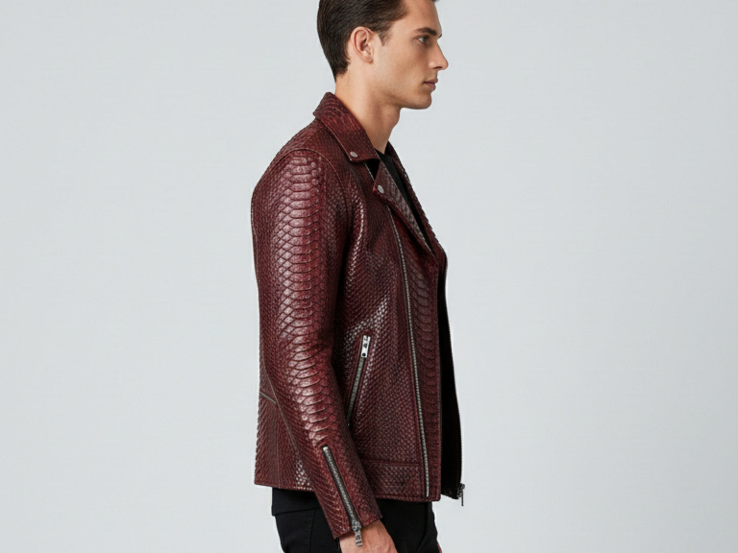 Genuine Python Snakeskin Leather Biker Jacket: Luxury Burgundy Exotic Motorcycle Jacket for Men