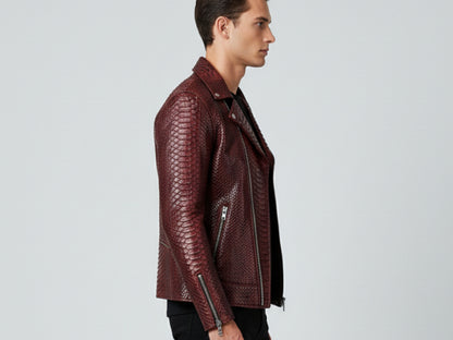 Genuine Python Snakeskin Leather Biker Jacket: Luxury Burgundy Exotic Motorcycle Jacket for Men