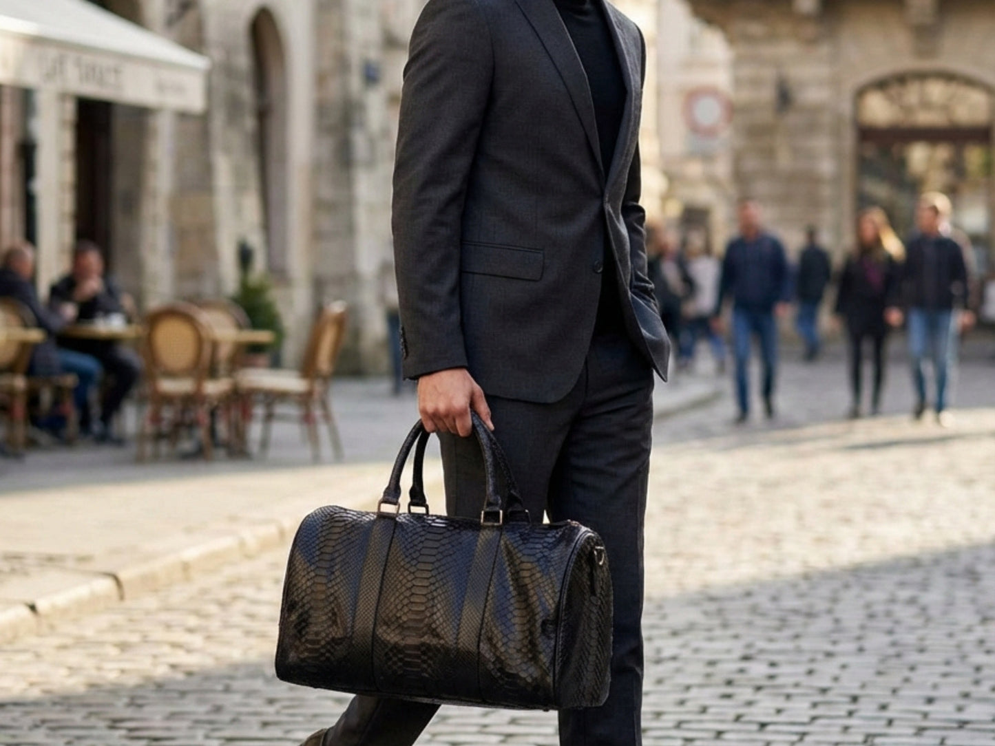 Luxury Genuine Python Snakeskin Leather Black Travel Weekender Bag