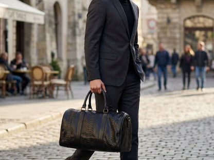 Luxury Genuine Python Snakeskin Leather Black Travel Weekender Bag