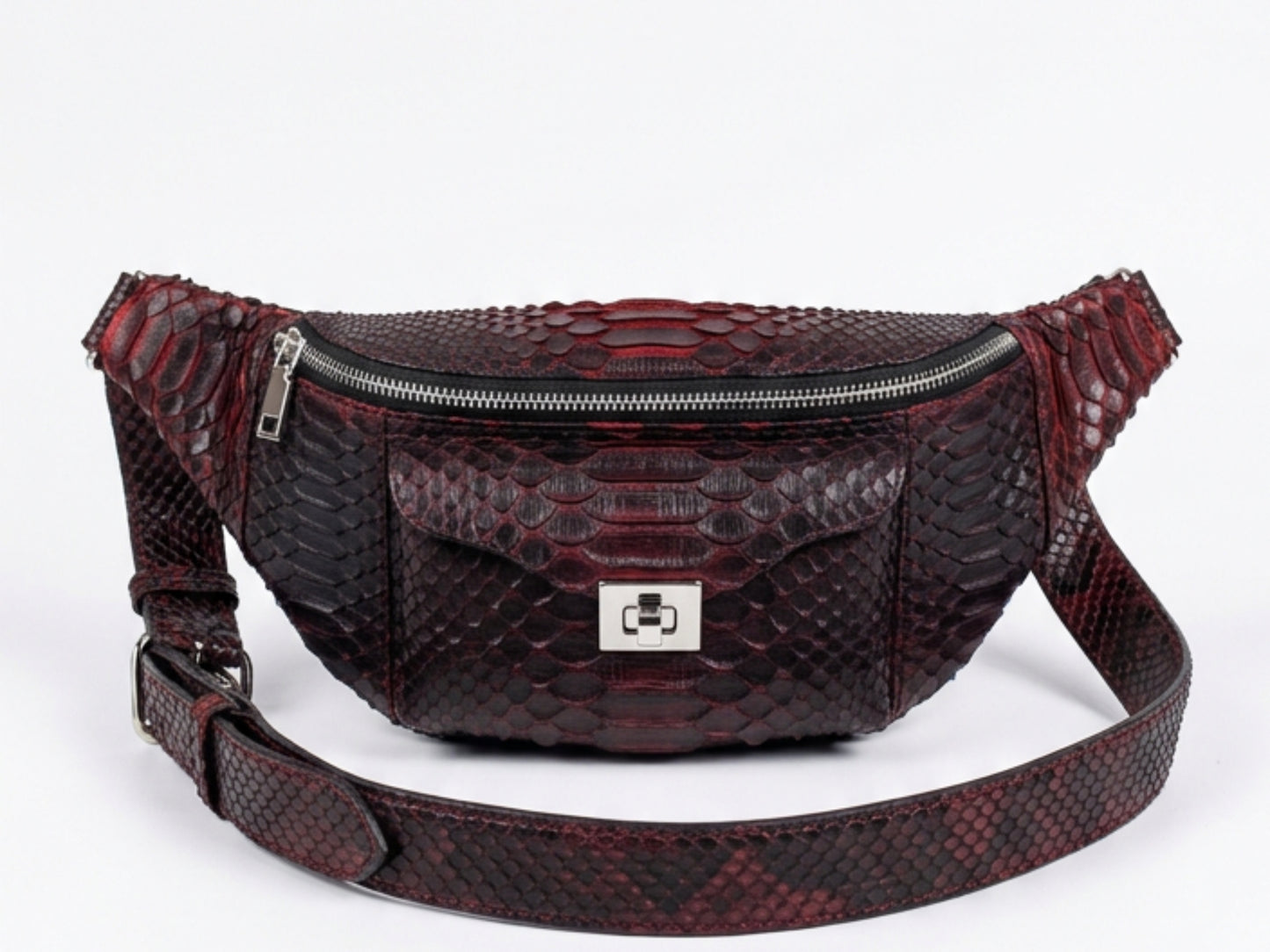 Genuine Python Snakeskin Waist Bag: Black Gradation Red Exotic Leather Fanny Pack