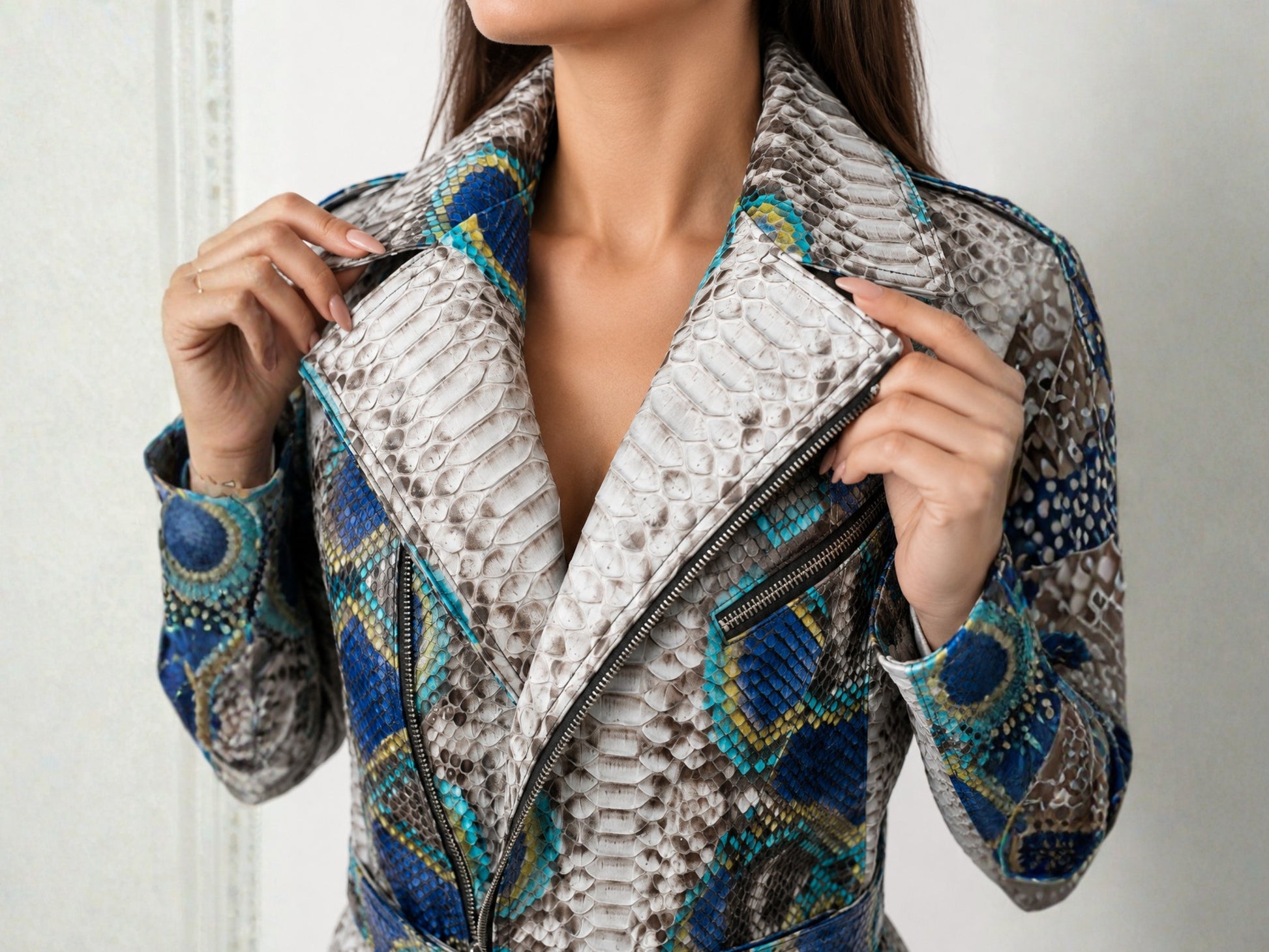 Python Snakeskin Leather Jacket - Blue Ivory