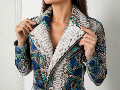 Python Snakeskin Leather Jacket - Blue Ivory
