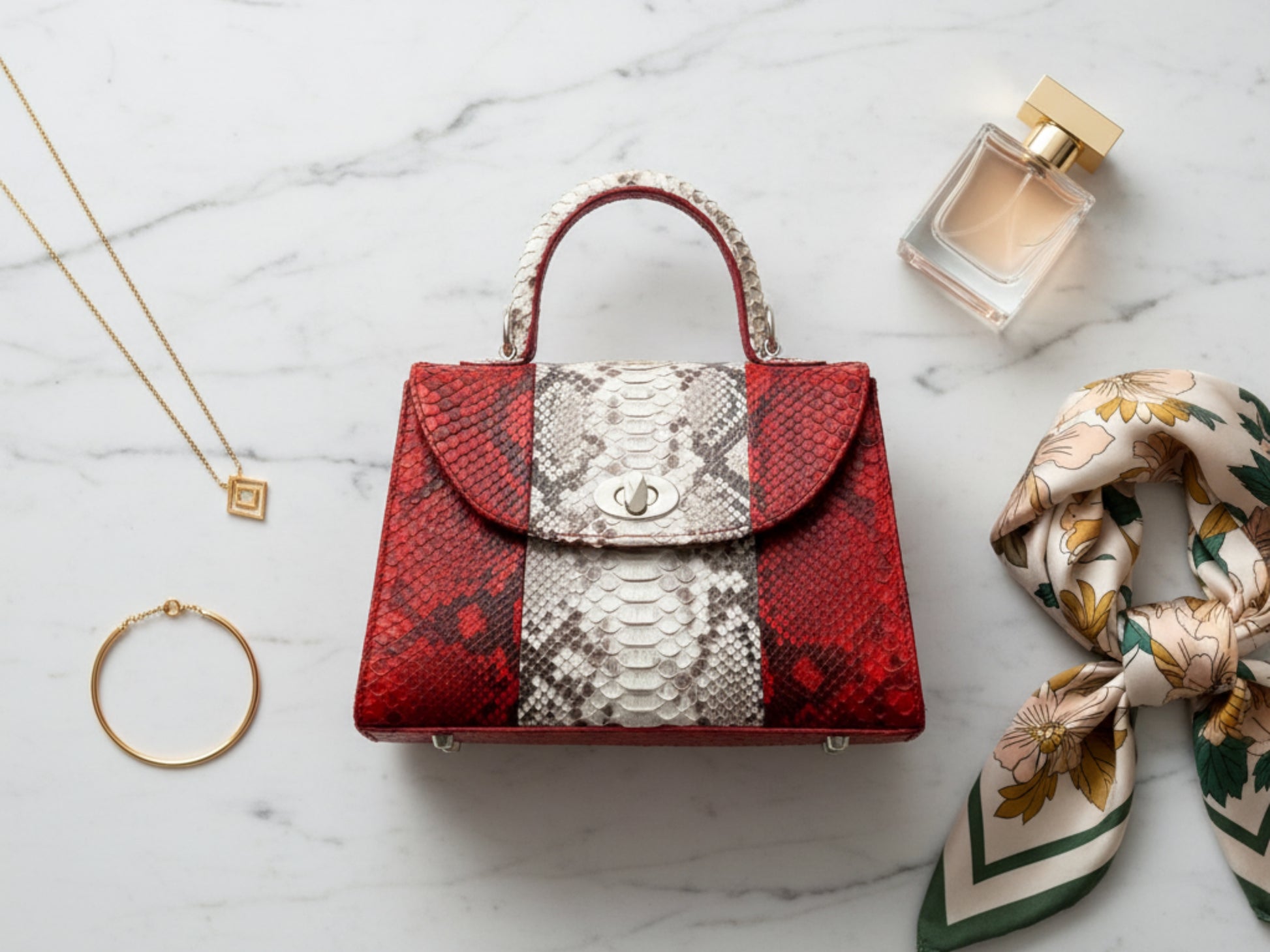 Genuine Python Leather Handbag: Elegant Structured Top Handle Purse for Women 