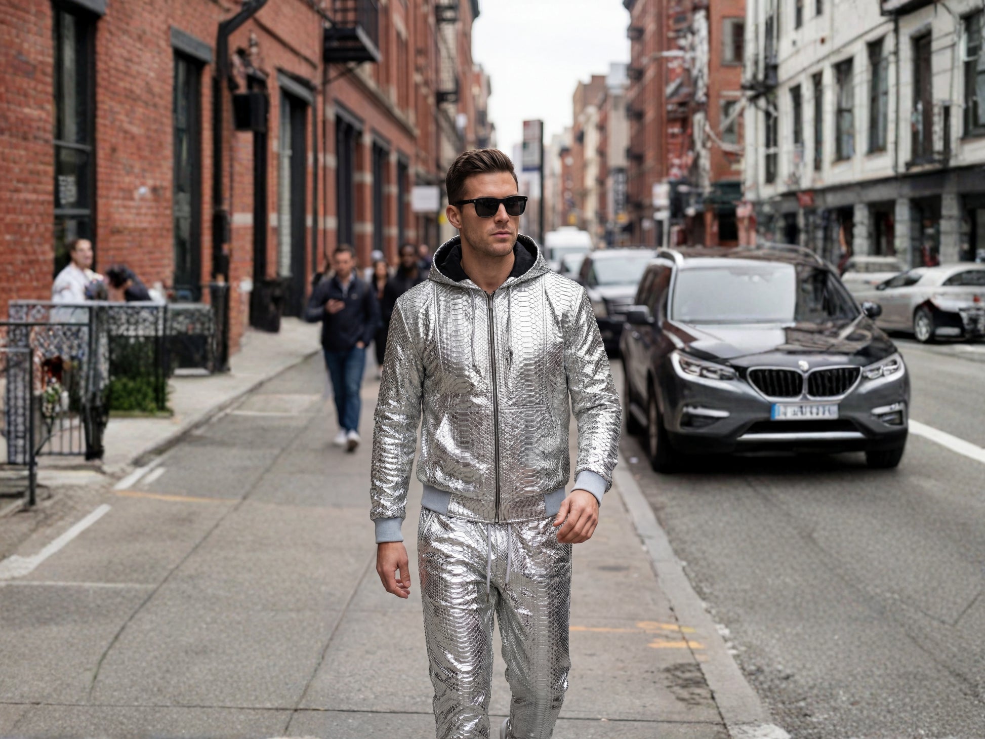 Handmade Metallic Silver Python Snakeskin Tracksuit | Exotic Leather Bomber & Jogger Set