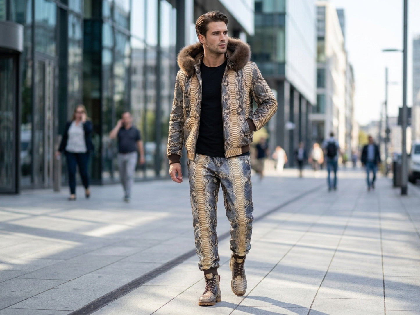 Python Snakeskin Tracksuit: Genuine Fox Fur Hoodie