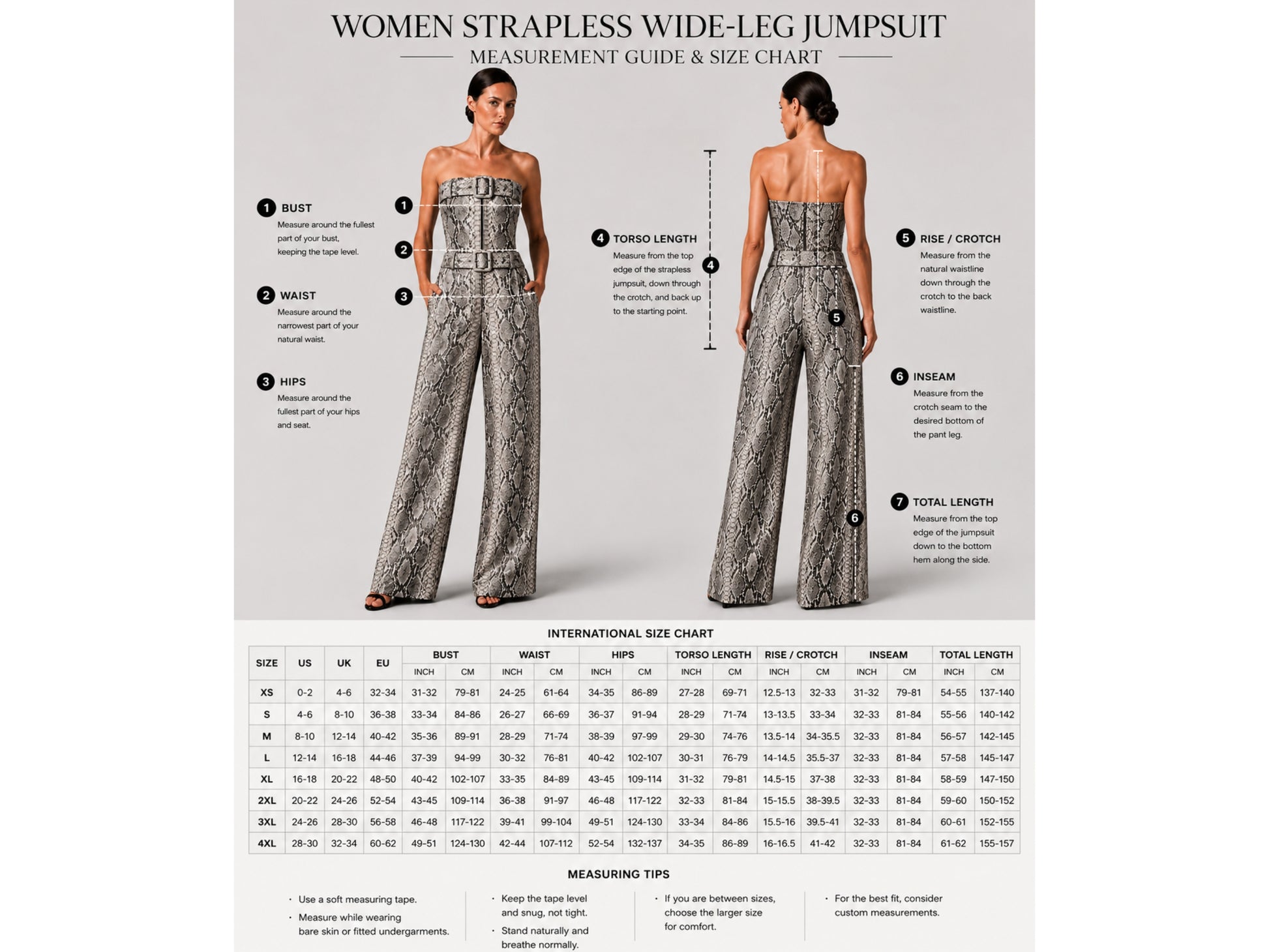 A women strapless wide-leg jumpsuit measurement guide and size chart featuring two model views with labeled body measurements and a detailed size table below.