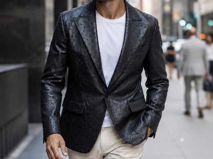 Genuine Ostrich Skin Leather Blazers - Black