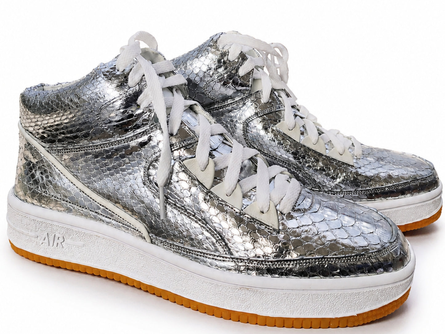 Silver Python Snakeskin Leather High-Top Sneakers