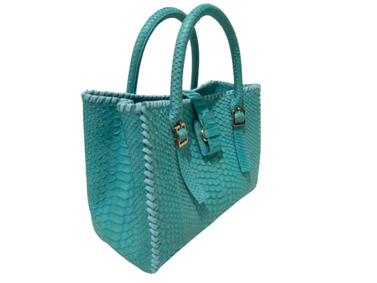 side view of Snake Skin Tote Leather Bag with Edge Woven Accent with aqua marine color