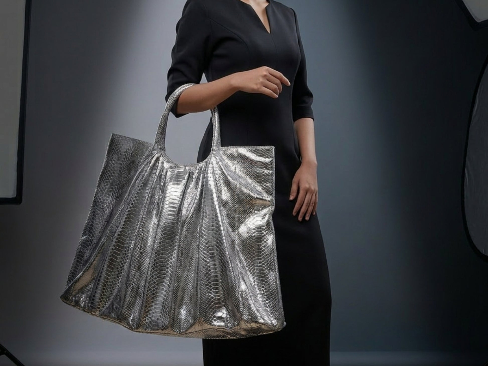 Metallic Snakeskin Tote Bag – Large Silver Shoulder Purse