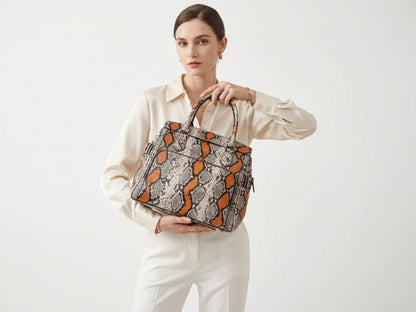Orange Python Snakeskin Leather Satchel Tote