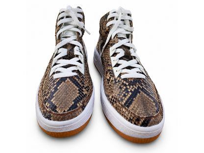 Brown Python Snakeskin Leather High-Top Sneakers