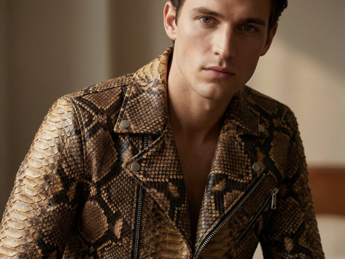 Genuine Python Snakeskin Leather Biker Jacket: Natural Brown Exotic Motorcycle Jacket