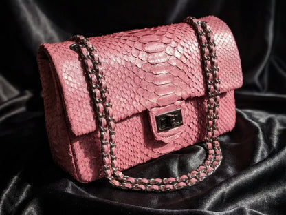 Pink Snakeskin Chain Strap Purse | Genuine Python Shoulder Leather Bag