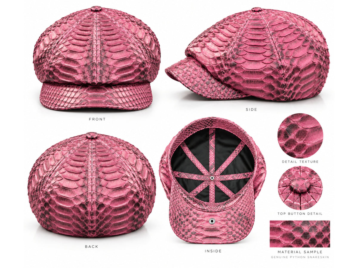 A maroon python-textured flat cap shown from multiple angles on a white background, including front, side, back, inside, detail texture, top button detail, and a material sample inset.