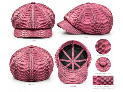 A maroon python-textured flat cap shown from multiple angles on a white background, including front, side, back, inside, detail texture, top button detail, and a material sample inset.