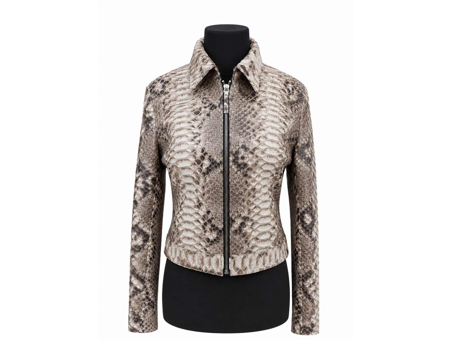 Python Snakeskin Leather Zip Jacket: Convertible Shirt Mandarin Collar