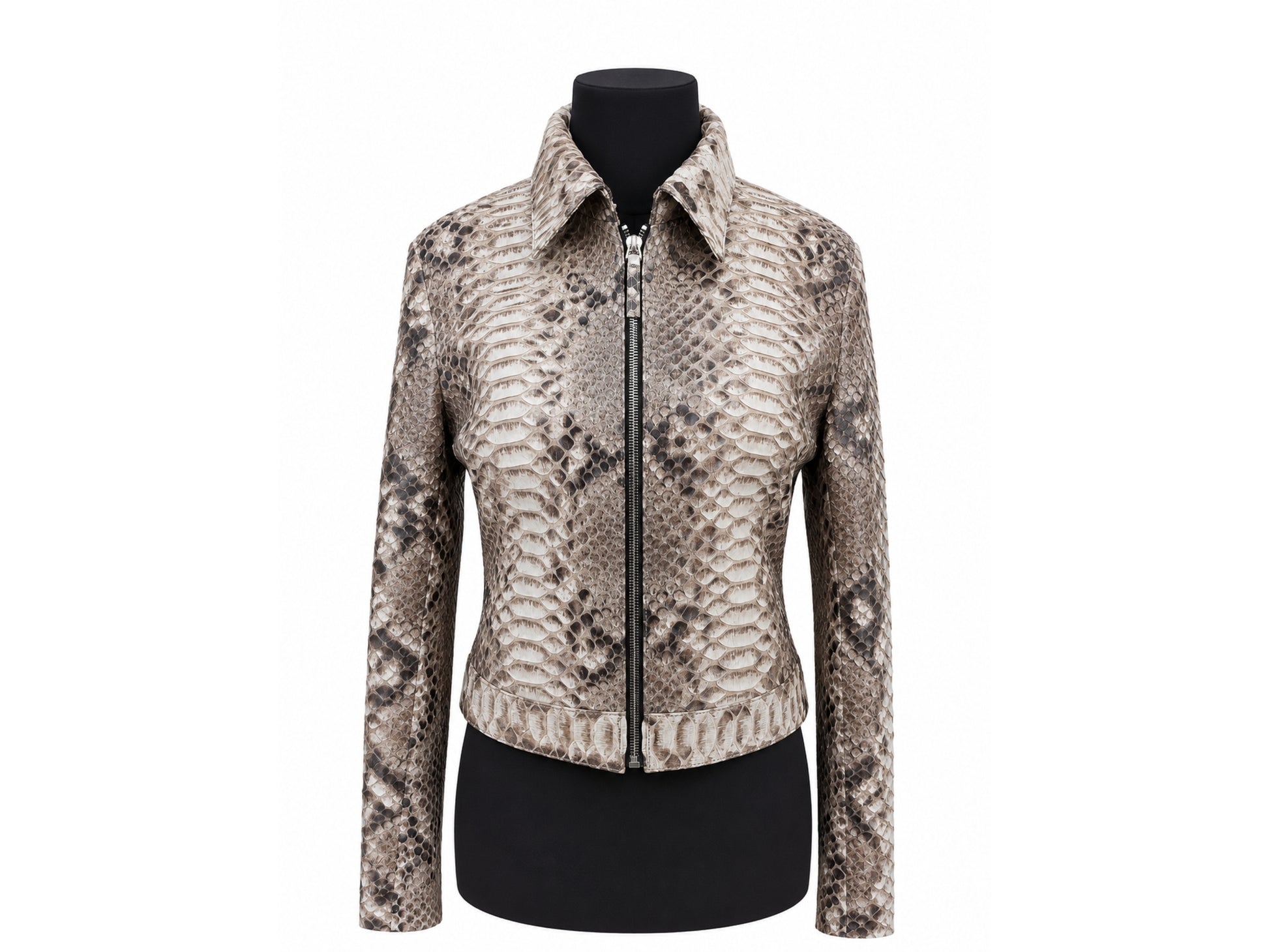 Python Snakeskin Leather Zip Jacket: Convertible Shirt Mandarin Collar