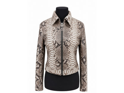 Python Snakeskin Leather Zip Jacket: Convertible Shirt Mandarin Collar
