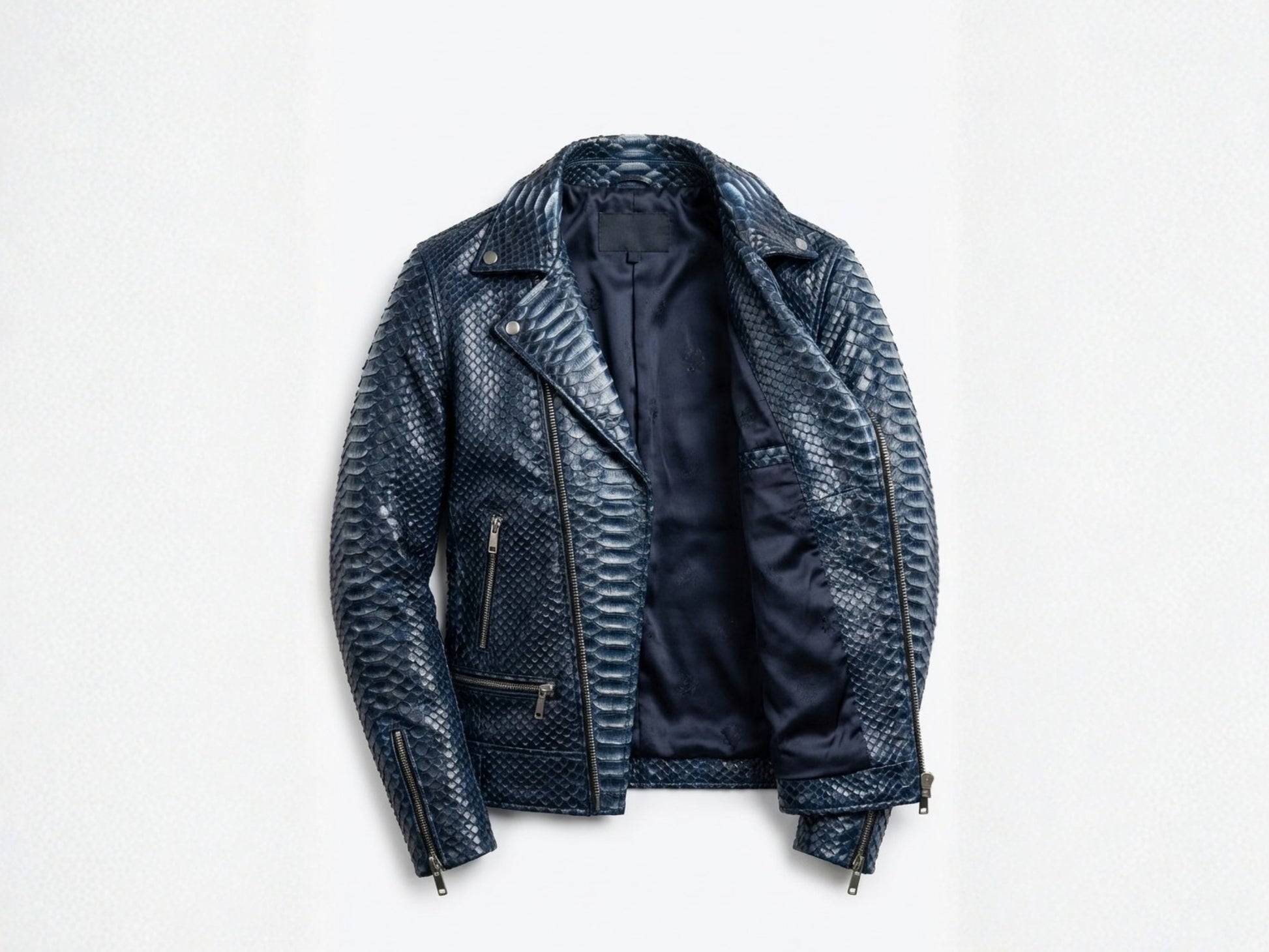 Genuine Python Snakeskin Biker Jacket: Blue Exotic Leather Motorcycle Jacket