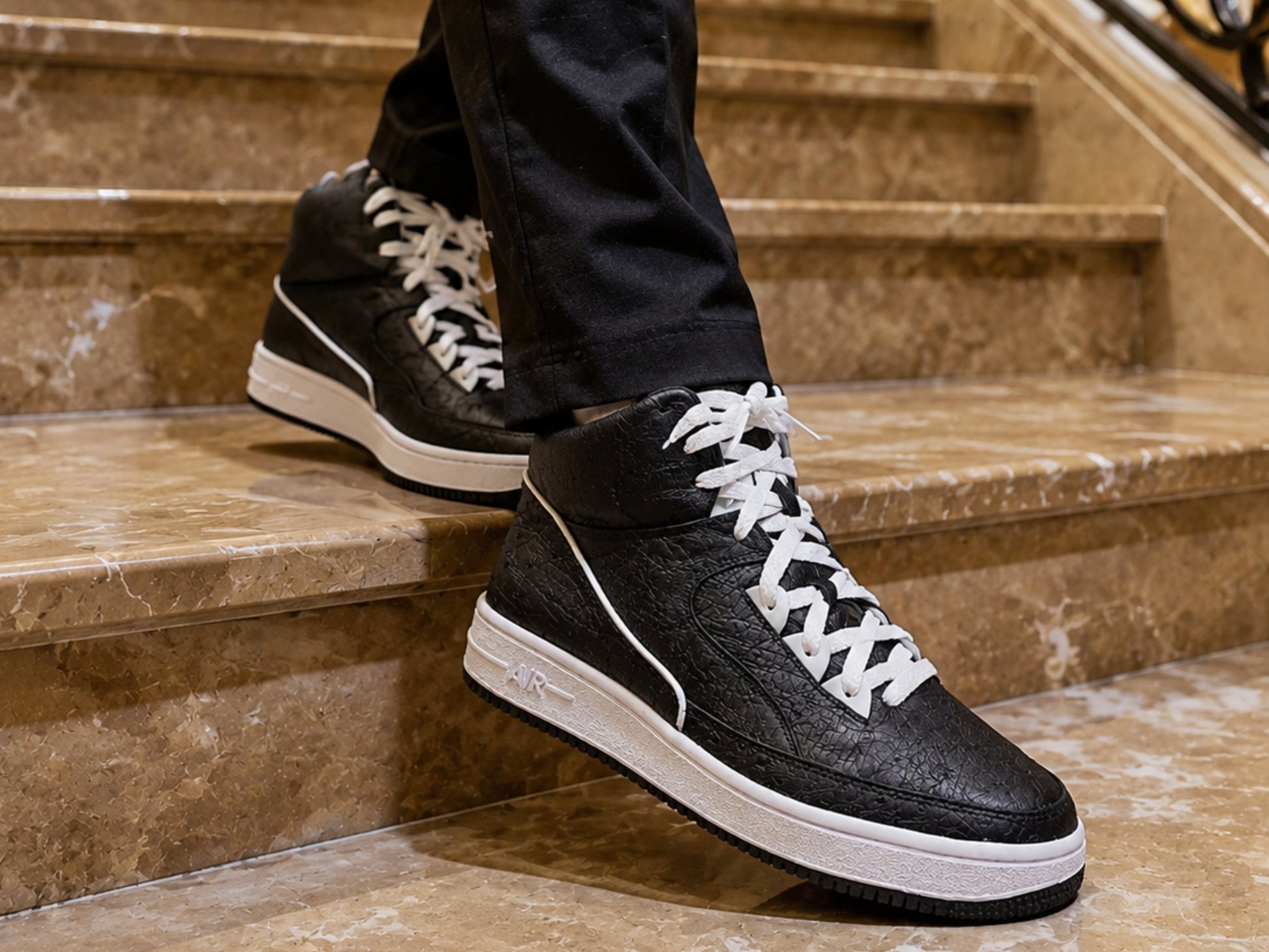 Black Ostrich Skin Leather High-Top Sneakers