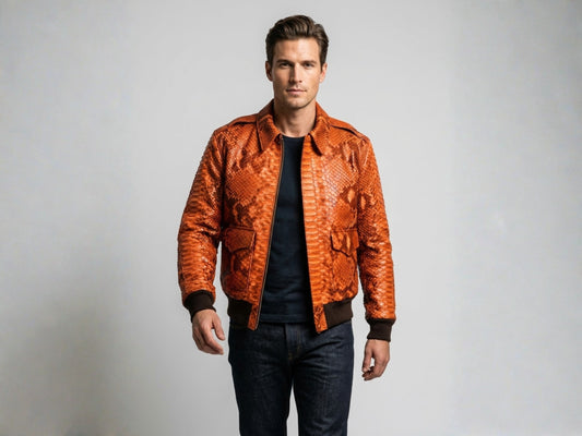 Flame Orange Python Snakeskin Bomber Jacket