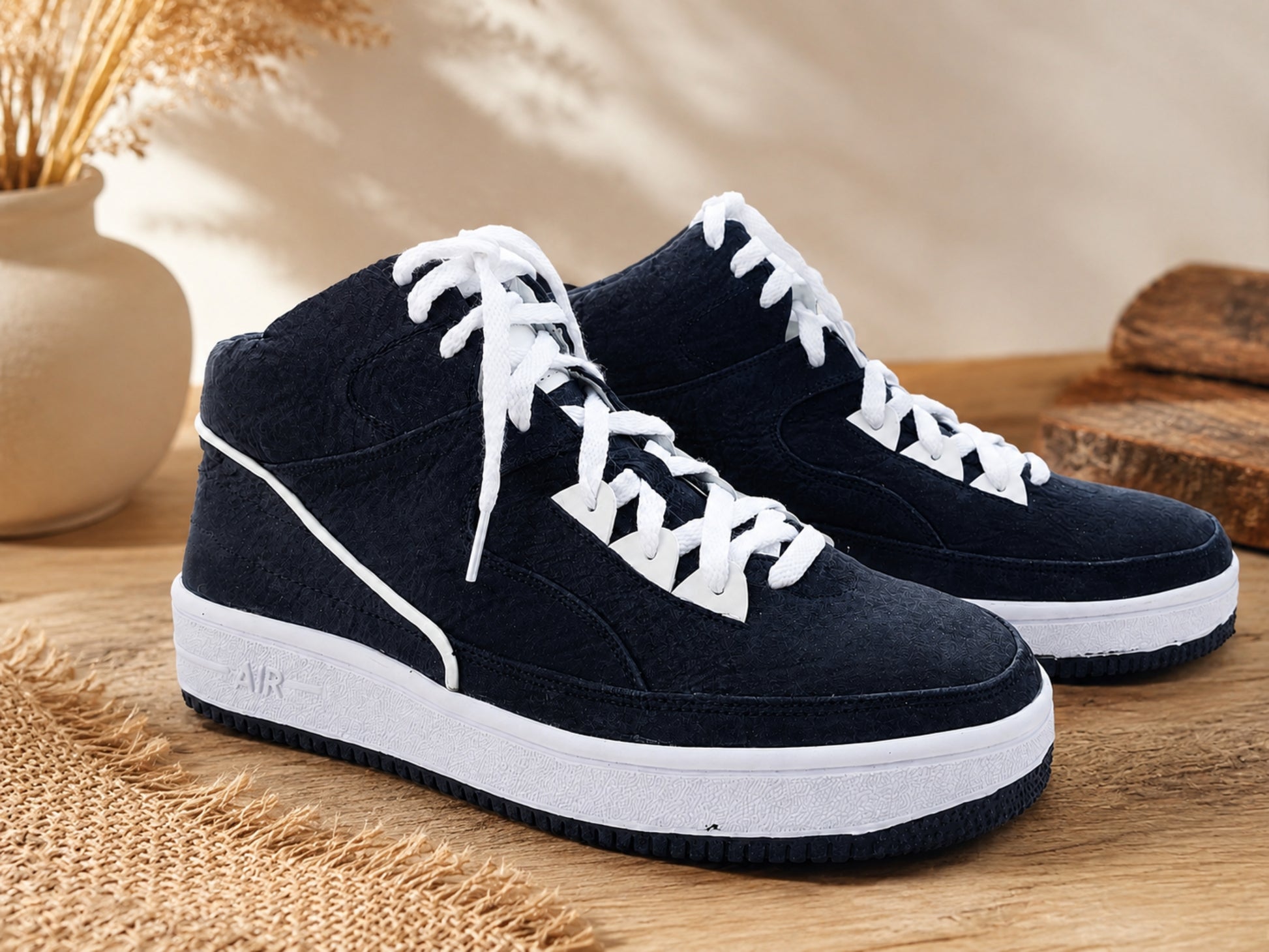 Black Shark Skin Leather High-Top Sneakers