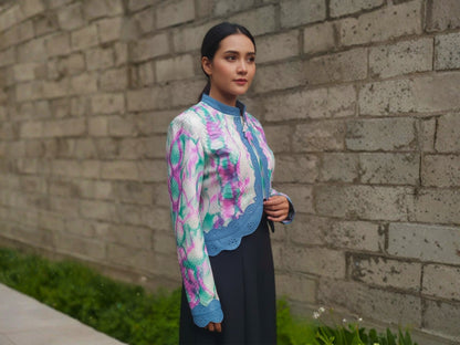 Tie Dye Python Snakeskin Leather Jacket: Genuine Exotic Leather Cropped Blazer with Blue Trim