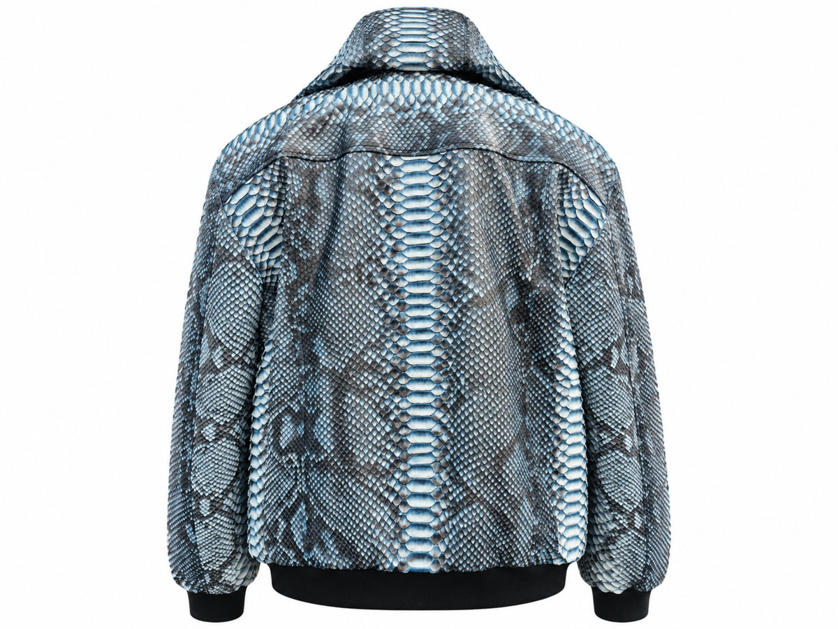 A snakeskin-patterned jacket shown from the back, featuring a light blue, gray, and black scale design with black ribbed cuffs and hem, set against a plain white background.