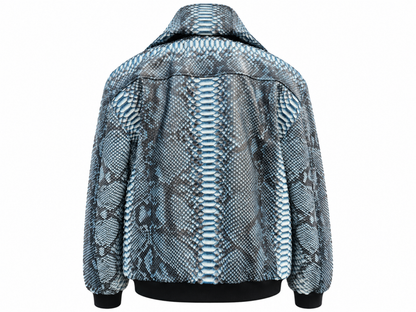 A snakeskin-patterned jacket shown from the back, featuring a light blue, gray, and black scale design with black ribbed cuffs and hem, set against a plain white background.