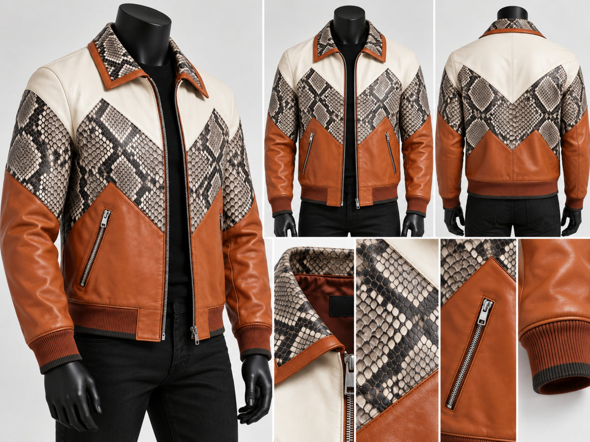 Men's Bomber Jacket | Genuine Python Snakeskin | Lambskin Leather | Cream Brown