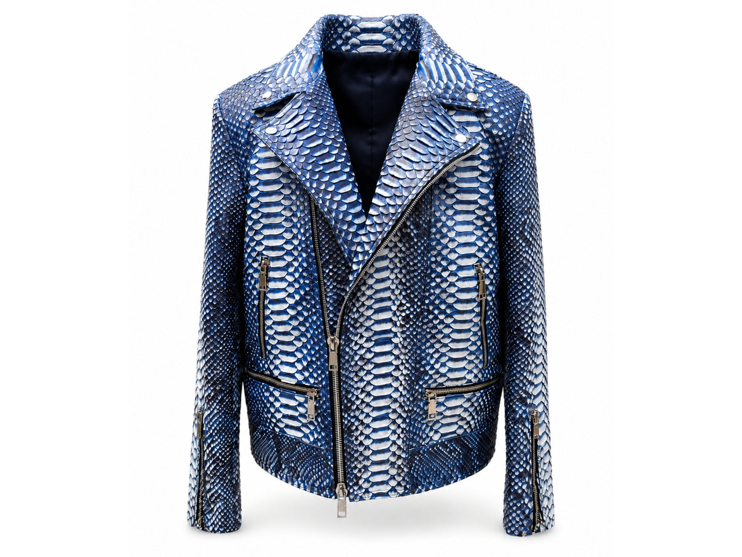Blue and white patterned jacket on a white background