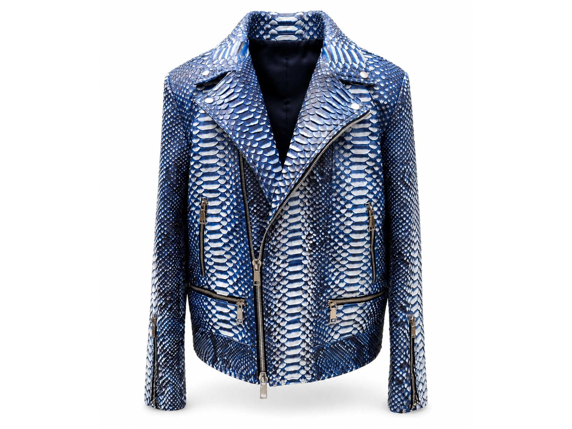 Blue and white patterned jacket on a white background