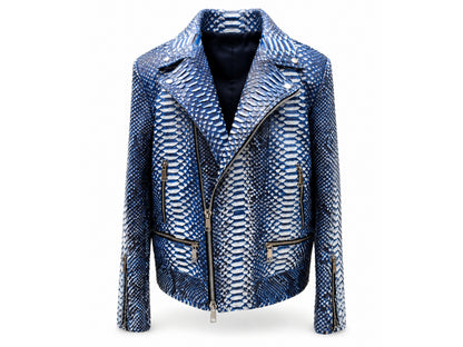 Blue and white patterned jacket on a white background